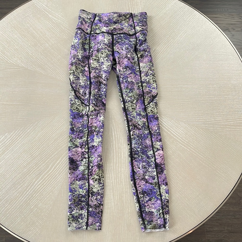 Lululemon purple and green leggings with side pockets - discontinued print!